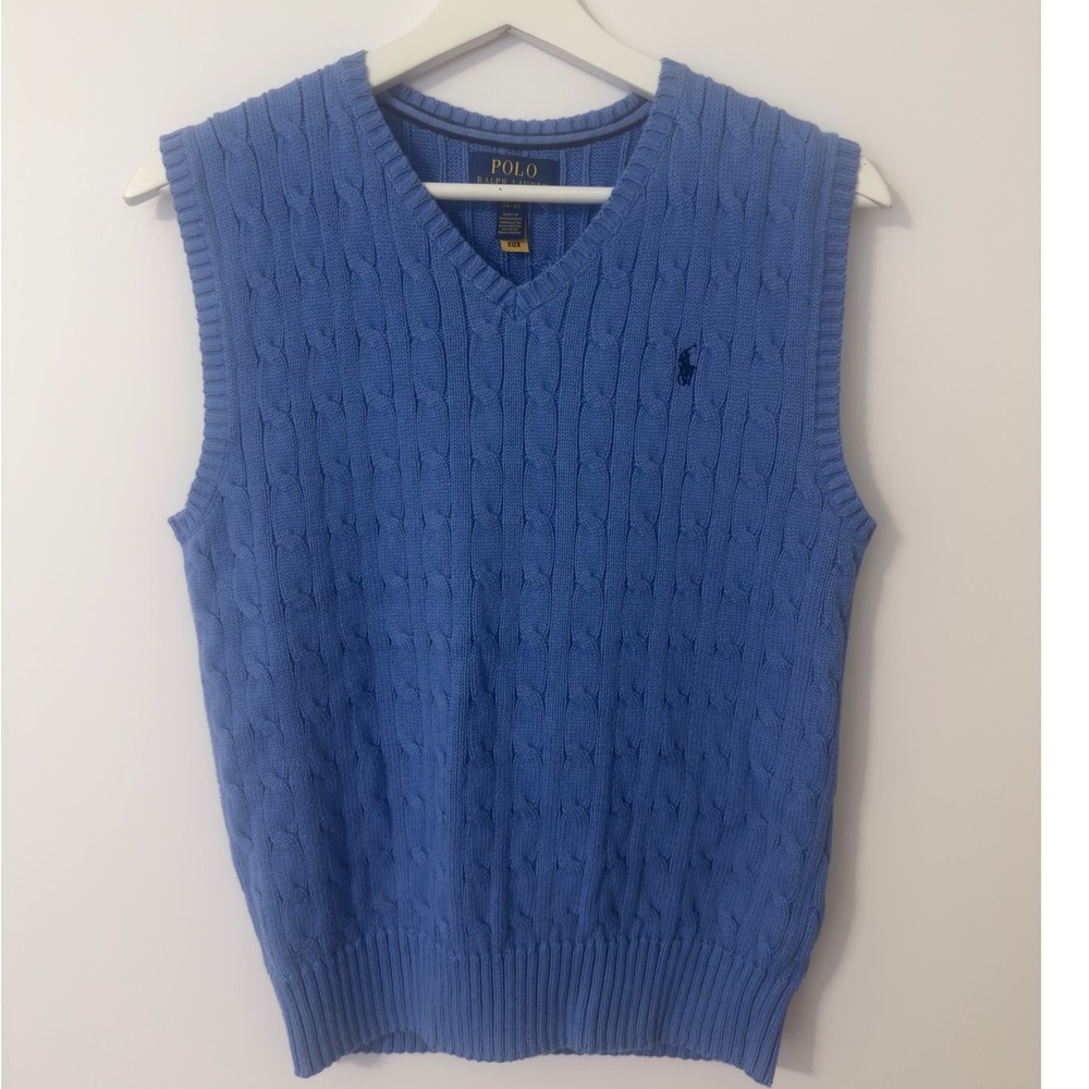 Polo Ralph Lauren Sweater Vest Boys L 14-16 Blue Cable Knit V-Neck Preppy